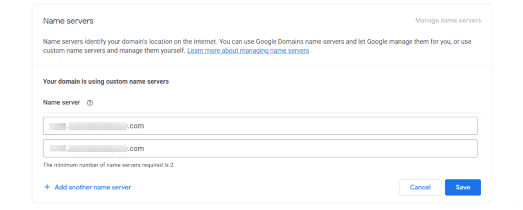 Screenshot of Google Name Server Screen